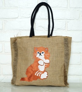 Sac fourre-tout bohème en jute avec motif de dessin animé brodé, fermeture ouverte, pour femme, usage quotidien printanier, écologique, à porter à l'épaule - Product Image 5