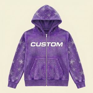 Sweat à capuche violet vintage délavé avec strass, coupe oversize, ourlet brut, style streetwear, sweat à capuche Y2K avec étoile en strass - Product Image 1