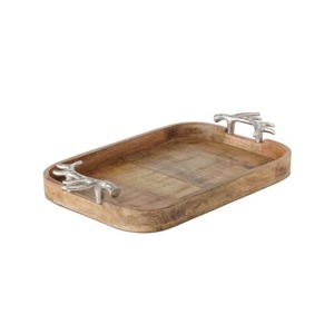 Bandeja Decorativa Rústica de Madera con Asas Metálicas Florales Plateadas, Diseño Rectangular Hecho a Mano para Decoración del Hogar - Product Image 4