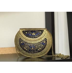 Bolso de mano metálico de noche para mujer, estilo antiguo, con mosaico y cadena de piedras multicolor colgante - Product Image 1