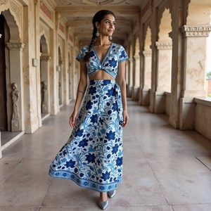 Falda gitana bohemia de cuerpo entero para mujer hecha a mano Ropa de playa de olas costeras en estampado floral Negro Azul Diseñado por artesanos indios - Product Image 6