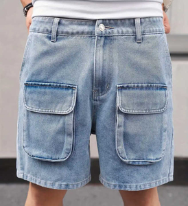 Pantalones Cortos Cargo de Mezclilla para Hombre, Lavado Claro, con Bolsillos Grandes, Cintura Media, Estilo Casual de Verano, 100% Algodón Tejido, Detalle de Costuras - Product Image 1