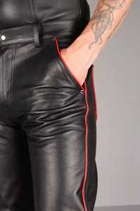 Pantalones de Motociclista de Cuero Negro para Hombre, Cintura Alta, Franja Roja Lateral, Corte Recto, Estilo Biker, para Otoño - Product Image 2