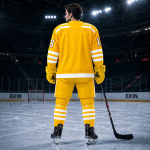 Maillot de hockey sur glace jaune avec rayures blanches et numéros 8 et 1, manches longues, col en V, vêtements unisexes respirants - Product Image 3