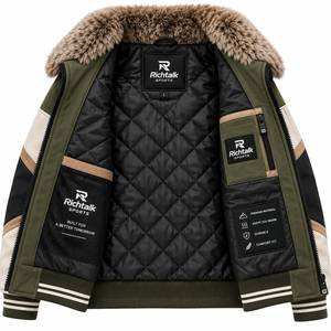 Blouson d'hiver pour homme, style bomber, avec blocs de couleur, col en fausse fourrure, fermeture éclair sur le devant, style sportif, épais, coupe-vent, en toile - Product Image 4