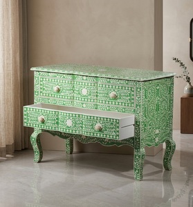 Green Mother of Pearl Inlay Solid Wood Hand Carved Accent <b>Sideboard</b> Floral Pattern Bedside <b>Storage</b> - Product Image 2