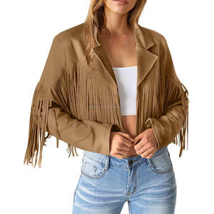 Kaki Vintage daim cuir frange gland culture femmes Boho Western Cowboy Style ouvert avant manteau manches longues respirant Viscose - Product Image 1