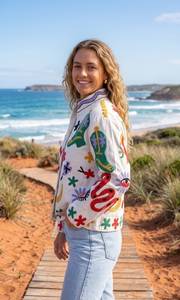Colorful Embroidered Bomber <b>Jacket</b> With Mandarin Collar And Full Sleeve For <b>Women</b> Summer Wear - Product Image 3