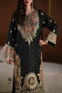 Ensemble de costume formel pour femme en velours noir brodé, haut et bas longs, dupatta, tenue de fête Paisley Salwar Kameez - Product Image 3