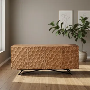 Buffet vintage en bois indien recyclé à quatre portes, meuble TV avec support métallique, motif géométrique, meuble de rangement - Product Image 4