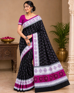 NIRMETRA WSM-129 Exquisito Saree de Algodón y Seda Tejido a Mano, Largo hasta el Suelo, Sin Arrugas, Negro y Morado, con Diseño Geométrico Sambalpuri Ikat de Estilo Templo - Product Image 1