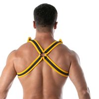 Slips jaunes en similicuir pour hommes avec harnais de poitrine, costume sexy avec bordure noire
