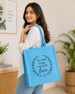 Blue Laminated Jute Shopping <b>Bag</b> With Love Print Open Top Handle <b>Medium</b> <b>Size</b> - Product Image 4
