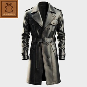 เสื้อโค้ทหนังสีน้ำตาลสำหรับผู้ชาย แบบกระดุมสองแถว มีเข็มขัด - Product Image 3