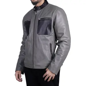 Schaffell Leder Grau Motorrad Schaffell Jacke für Herren Fashion Cafe Racer Lederjacken