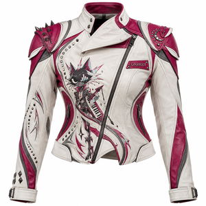 <b>Women</b> White Magenta Cowhide Leather Biker Jacket Printed Keyboardist Graphic Spiked Shoulder Studded Collar <b>Coat</b> OEM Wholesale - Product Image 1