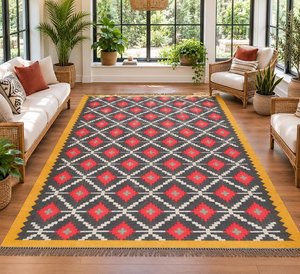 Tapis d'intérieur en laine et jute tissé à la main, motif géométrique, style Kilim Bohème Marocain Tribal Sud-ouest, couleur Rouge Charbon Moutarde, pour salon - Product Image 1