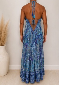 Women's Dark Blue Paisley Print Boho <b>Halter</b> Maxi <b>Dress</b> Sleeveless Regular Fit <b>Summer</b> Casual Woven Chiffon 100% Silk Quick Dry - Product Image 2