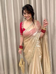 Soft Fandy Satin Designer Saree Beautiful Khatli Cutdana Handwork Elegant All Over Arco Border & Matching Khatli Work <b>Blouse</b> - Product Image 1