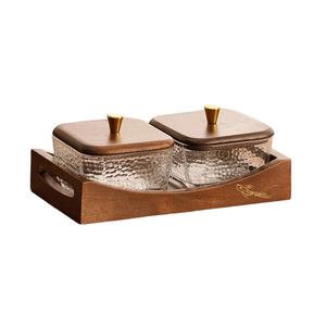 Ensemble de plats de service tendance pour fruits secs de Noël, 2 bols en verre martelé, organisateur d'épices avec base en bois naturel pour les dîners festifs - Product Image 1