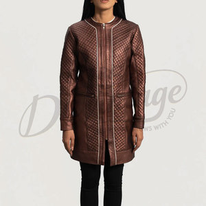Premium Women Metallic Copper Real Leather Coat <b>Quilted</b> Diamond <b>Pattern</b> Slim Fit Sheepskin Long <b>Jacket</b> Collarless Elegant Blazer - Product Image 3