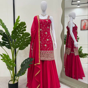 Conjunto de Traje de Fiesta para Mujer en Foux Gorgette con Trabajo de Hilo y Lentejuelas, Conjunto Elegante - Product Image 1