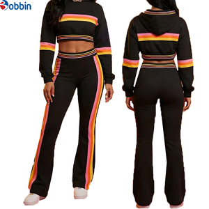 Conjunto de Sudadera con Capucha Estilo Urbano para Mujer, Chándal con Franja Lateral de Arcoíris, Sudadera Corta con Capucha y Pantalones Deportivos con Contraste - Product Image 4