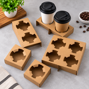 EcoRev ECO40 Porte-gobelets jetables en papier kraft biodégradable pour boissons chaudes, emballage à emporter, capacité pour deux gobelets, logo personnalisé - Product Image 2