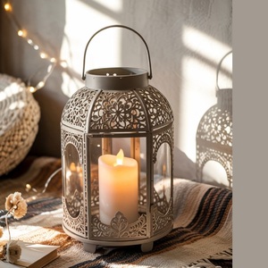 Wholesale Handmade Eco-Friendly White Metal/Glass Perforated Lantern Designer Moroccan Cutwork <b>Table</b> <b>Lamp</b> Minimalist Home Decor - Product Image 1