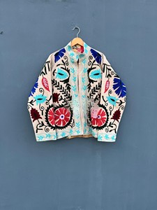Handcrafted Suzani Embroidery Reversible Velvet Quilted Short <b>Jacket</b> for Women Vintage Floral Boho Winter Wear Outerwear - Product Image 1