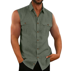 Camisa Casual de Verano para Hombre, Sin Mangas, de Color Sólido, 100% Algodón, Transpirable, con Protección UV, de Secado Rápido, con Botones - Product Image 2