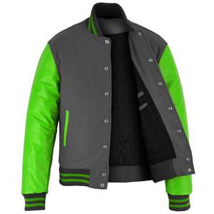 Chaqueta Varsity de PU Gris y Verde para Hombre, Corte Regular, Color Sólido, Cierre de Botones, Ropa Casual de Otoño - Product Image 3
