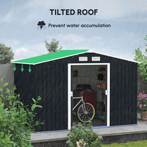 Casetta da Giardino in Metallo con Porta Scorrevole a 2 Lati 9FT X 6FT Grigio Scuro 4 Prese d'Aria per Cortile, Patio, Prato - Product Image 4