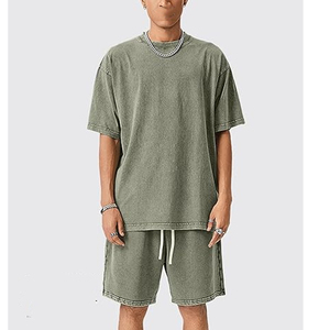 Ensemble T-shirt et short en tissu éponge absorbant la transpiration, délavé à l'acide, avec logo personnalisé, style vintage, DTG, pour homme, coupe ample, 100% coton, poids lourd - Product Image 4