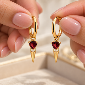 Garnet 925 Sterling <b>Silver</b> Earrings – Gold Vermeil <b>Huggie</b> with Trillion Spike Drop - Product Image 4