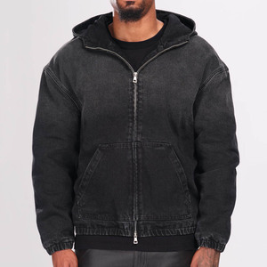 Sudadera con capucha de mezclilla negra para hombre, diseño de última generación, con logotipo personalizado del proveedor OEM, estilo urbano, transpirable, con cremallera y lavado ácido. - Product Image 1