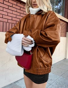 Women's Brown PU Leather Bomber Jacket Full Sleeve <b>Zipper</b> Closure Stand Collar Waterproof Polyester Wadding Autumn Style - Product Image 4