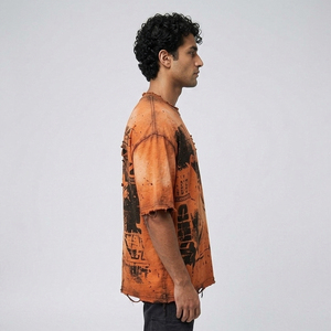 Men's Orange Oversized Printed Washed T-Shirt Street Style 100% Cotton Top Mens Custom Distressed Acid Wash Tee Shirts Men - Product Image 3