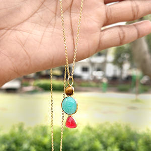 Hot selling natural tiger eye amazonite and red jade bezel set pendant necklace brass 18k gold plated triple gemstone necklace - Product Image 5