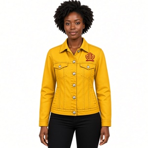 Chaqueta Casual de Mezclilla Roja para Mujer PDK, Ropa de Sororidad con Escudo Bordado en el Pecho, Bolsillos con Doble Solapa, Cierre Frontal con Botones - Product Image 1
