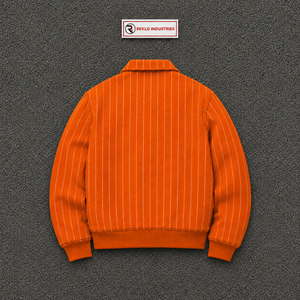 Blouson universitaire en laine à rayures fines orange personnalisé pour homme, style bomber, avec poignets côtelés, boutonné, streetwear d'hiver, vente en gros Button Co - Product Image 6