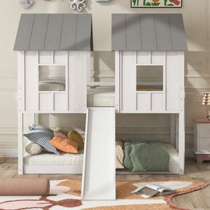 White Twin Over Twin House Bunk <b>Bed</b> <b>with</b> <b>Slide</b> and Windows for Kids - Product Image 3