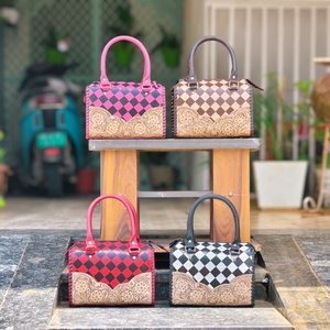 Luxury Genuine Leather <b>Medium</b> Size Speedy <b>Handbag</b> Red Black Checkerboard Floral Embroidery Lightweight Large Capacity Travel - Product Image 6