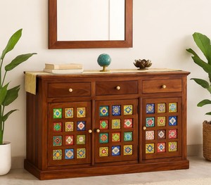 Wholesale Solid Wood Ceramic Tile <b>Sideboard</b> Vintage Indian Buffet Cabinet Hand Painted Tile Credenza | Pindel Handicraft - Product Image 1
