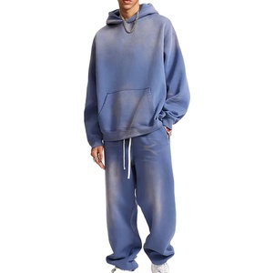 Conjunto de Sudadera con Capucha Azul Oversize y Pantalones Deportivos para Hombre, Chándal de Algodón de Color Liso, Ajuste Holgado Informal con Diseño de Bolsillos con Cordón - Product Image 1