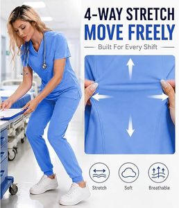 Ensemble de blouses médicales bleu clair pour femmes, manches courtes, col en V, coton et polyester tricoté, uniforme d'hôpital pour les professionnels de la santé - Product Image 4