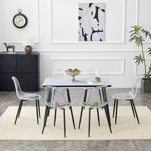 Set di Sedie da Pranzo con Piano in Vetro Effetto Marmo Bianco, Base in MDF e 6 Sedie con Gambe in Metallo Nero Trasparente - Product Image 2