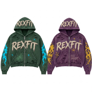 REXFIT Sweat à capuche zippé oversize vert marron unisexe streetwear en coton délavé à l'acide avec motif lettres imprimées pour l'hiver - Product Image 1