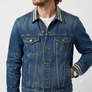 Veste en jean pour homme, col rabattu, fermeture boutonnée, finition délavée, automne, décontractée, motif uni, coupe régulière, matière en coton - Product Image 5