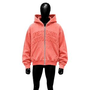 Sudadera con capucha roja coral vintage desgastada con cremallera, gráfico bordado 'Feel Lost But Im Back', estilo oversize, lavada, streetwear, para otoño - Product Image 1